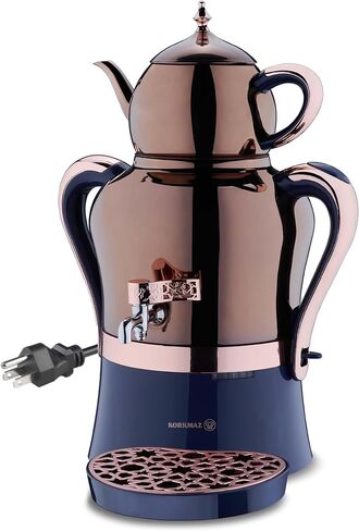 Korkmaz Samovar, Electric Turkish Tea Maker Set, Double Pots Tea Machine, Hanedan Stainless Steel Pot | 1.37 Qt+ 3.69 Qt | 110 V US Plug in Kuwait