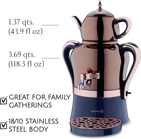 Korkmaz Samovar, Electric Turkish Tea Maker Set, Double Pots Tea Machine, Hanedan Stainless Steel Pot | 1.37 Qt+ 3.69 Qt | 110 V US Plug in Kuwait