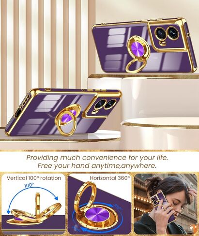 جراب Dretal لهاتف Motorola Moto Edge 5G 2024، حامل حلقي قابل للدوران 360 درجة، مسند مغناطيسي، حافة ذهبية مطلية بغطاء واقٍ ناعم من مادة TPU لهاتف Moto Edge 2024 (أرجواني غامق، 2024) in Kuwait
