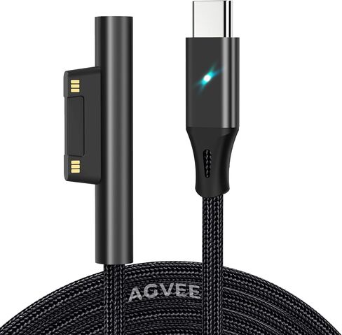AGVEE 10ft USB-C إلى السطح توصيل كابل شحن موصل شاحن PD Trigger LED لـ Microsoft Surface Pro X/9/8/7/6/5/4/3، GO 3/2/1 Surface Laptop 4/3/2/ 1/الاستوديو، الكتاب 1 2، أسود in Kuwait