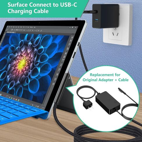 AGVEE 10ft USB-C إلى السطح توصيل كابل شحن موصل شاحن PD Trigger LED لـ Microsoft Surface Pro X/9/8/7/6/5/4/3، GO 3/2/1 Surface Laptop 4/3/2/ 1/الاستوديو، الكتاب 1 2، أسود in Kuwait