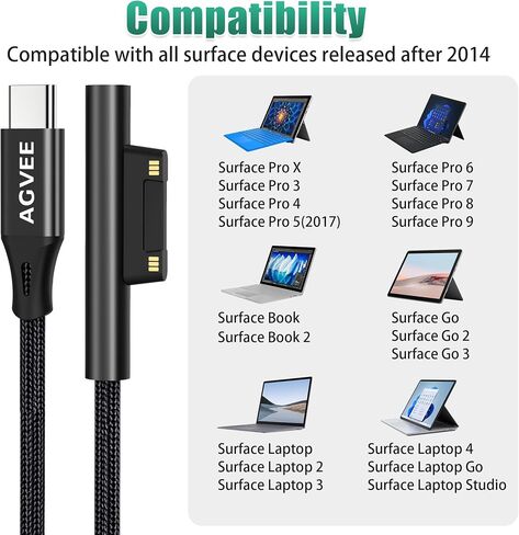 AGVEE 10ft USB-C إلى السطح توصيل كابل شحن موصل شاحن PD Trigger LED لـ Microsoft Surface Pro X/9/8/7/6/5/4/3، GO 3/2/1 Surface Laptop 4/3/2/ 1/الاستوديو، الكتاب 1 2، أسود in Kuwait