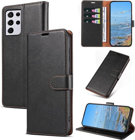 Case for Samsung Galaxy S21 Ultra, RFID Blocking PU Leather Wallet Case with Card Holder, Magnetic Flip Cover Compatible with Samsung S21 Ultra, Black in Saudi Arabia