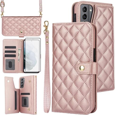 Asuwish Phone Case for Samsung Galaxy S21 FE 5G Wallet Cover with Screen Protector and Flip RFID Card Holder Slot Stand Wrist Strap Cell S 21 EF S21FE5G UW S21FE 21S G5 6.4 inch Women Men Rose Gold in Saudi Arabia