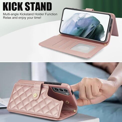 Asuwish Phone Case for Samsung Galaxy S21 FE 5G Wallet Cover with Screen Protector and Flip RFID Card Holder Slot Stand Wrist Strap Cell S 21 EF S21FE5G UW S21FE 21S G5 6.4 inch Women Men Rose Gold in Saudi Arabia