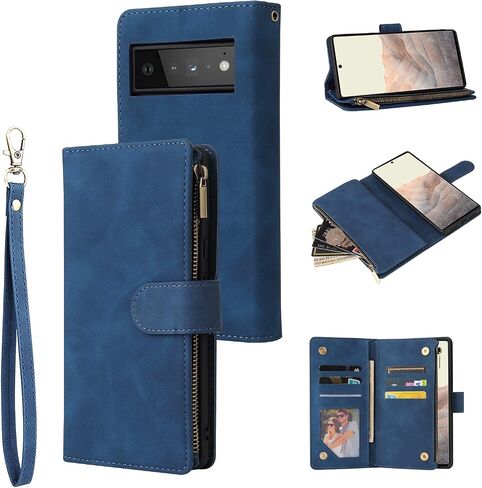 UEEBAI Wallet Case for Google Pixel 6, PU Leather Case Magnetic Closure Handbag Zipper Pocket Case Kickstand Card Slots with Hand Strap Marple Flip Case for Women - Blue in Kuwait