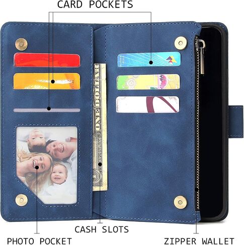 UEEBAI Wallet Case for Google Pixel 6, PU Leather Case Magnetic Closure Handbag Zipper Pocket Case Kickstand Card Slots with Hand Strap Marple Flip Case for Women - Blue in Kuwait