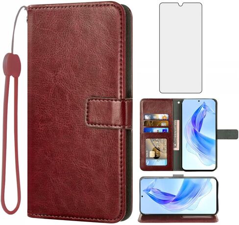Asuwish Compatible with Honor 90 Lite Wallet Case Tempered Glass Screen Protector and Leather Flip Cover Card Holder Stand Cell Accessories Phone Cases for Honor90 Lite Women Men Brown in Saudi Arabia