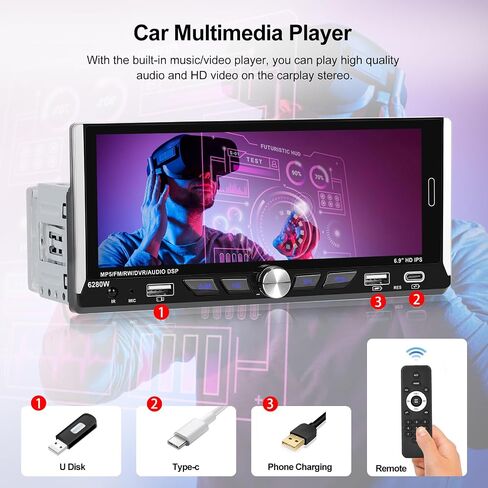 2G+64G Single Din Touchscreen Car Stereo with Wireless Apple Carplay, 6.9" IPS Android Car Radio with Android Auto GPS Navigation Backup Camera WiFi Type-C USB FM RDS Bluetooth Car Audio Receiver in Saudi Arabia