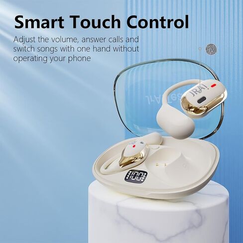 Bluetooth Earbuds Open Ear Headphones with Earhooks Wireless Headphones for Long-time Playback with Digital Display Suitable for Running Cycling Workout (Beige, JR01) in Saudi Arabia