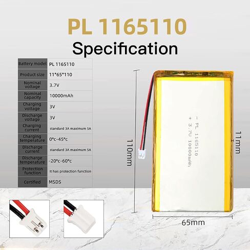 3.7V 10000mAh 1165110 Lipo Battery Rechargeable Lithium Polymer Ion Battery with PH2.0mm JST Connector in Saudi Arabia