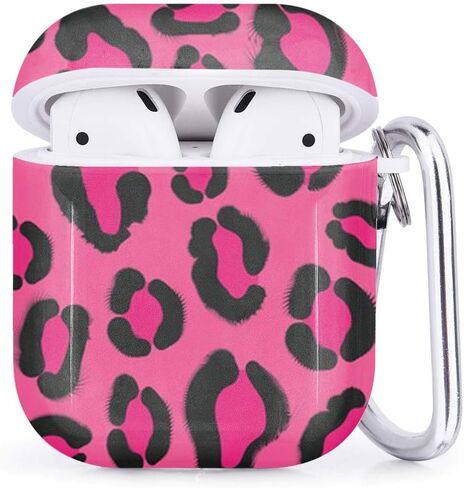 متوافق مع Airpods 2 & 1 - غطاء حماية ناعم قابل للحمل مصنوع من جل TPU المقاوم للصدمات مع سلسلة مفاتيح بمشبك حلقة تسلق (طباعة حيوان الفهد الوردي الساخن) in Saudi Arabia