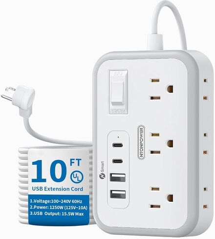 Extension Cord 15 ft, Power Strip with 6 Outlets 4 USB Charger(2 USB C Port), Flat Plug Outlet Extender Long Cord, Protection for Indoor, Home, Office Supplies, Dorm Room Essentials in Kuwait