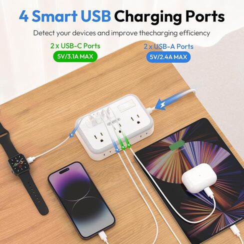 Extension Cord 15 ft, Power Strip with 6 Outlets 4 USB Charger(2 USB C Port), Flat Plug Outlet Extender Long Cord, Protection for Indoor, Home, Office Supplies, Dorm Room Essentials in Kuwait
