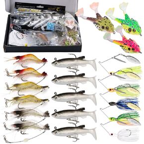 Goture Fishing Lure Kit 19/21/22/24pcs Fishing Gift,Include Shrimp Lures/Soft Lures/Jig Head Lures/Spinnerbaits Lure and Frog Lures,Bass Fishing Kit for Anglers