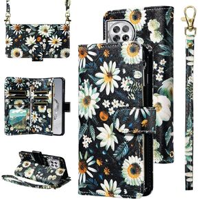 Wallet Case for OnePlus 12 5G with Wrist Strap Crossbody Shoulder Strap Flower Leather 6+ Card Slots Zipper Purse Credit Card Holder Protector Stand Phone Cover One+ 1plus12 2024 Girls Black