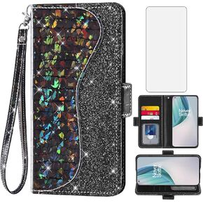Asuwish Phone Case for OnePlus Nord N10 5G Wallet Cover with Screen Protector and Flip Credit Card Holder Bling Glitter Stand Cell One Plus N 10 G5 1 Plus 10N 1plus One+ 1+ N105G Women Girls Purple