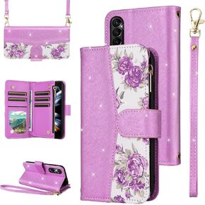 for Samsung Galaxy Z Fold 3 5G 2021 Floral Wallet Case with Zipper Purse Wrist Strap Shoulder Strap, Glitter PU Leather Card Holder Stand Phone Cover for ZFold3 Z3 Fold3 3Z ZFold35G Purple