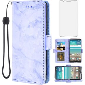 Asuwish Compatible with LG G3 Case and Tempered Glass Screen Protector Cell Accessories Card Holder Slot Kickstand Hybrid Protective Flip Folio Marble Wallet Phone Covers for LGG3 LG3 D850 D851 Purple