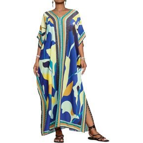 Bsubseach Kaftan Cover Ups for Swimwear Women Plus Size Caftan Dress Beach Coverup Summer Loungewear Blue