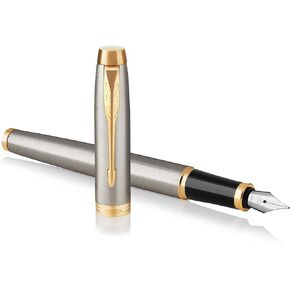PARKER IM Fountain Pen, Brushed Metal, Medium Nib with Blue Ink Refill, Gift Box (1931656)