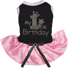 Petitebella Pink Rhinestones My 1st Birthday Puppy Dog Dress (White/Rainbow, Medium)