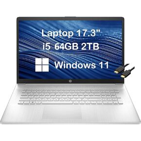 HP 17 Laptop 17.3" HD+ (Intel 4-Core i5-1135G7 (Beat i7-10510U), 64GB RAM, 2TB SSD, UHD Graphics) Home & Business Laptop, Long Battery Life, Anti-Glare, Webcam, Type-C, IST Cable, Win 11 Home, Silver