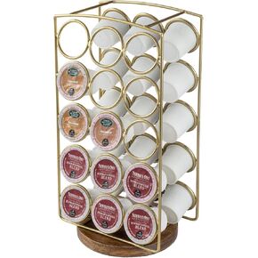 MyGift Modern Brass Tone Plated Metal and Brown Mango Wood Coffee Pod Holder Stand - Tabletop Café Bar Coffee Capsule Storage Rack - Handcrafted in India