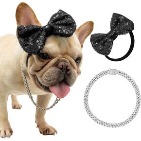 2 Pack Adjustable Black Bow Headband and Diamond Cuban Link Chain Pet Accessories - Dog Costume Cool Funny Chain Party Cosplay Birthday Photo Props for Small, Medium Dogs