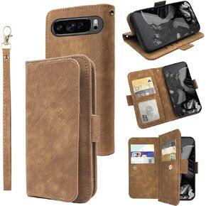 Wallet Case for Google Pixel 9 Pro XL with Wrist Strap Card Slots Minimalist Flip Purse, Luxury PU Leather Stand Card Holder Full Body Phone Cover for Pixel9 9Pro 9ProXL Nine Women Men Brown