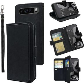 Wallet Case for Google Pixel 9 Pro XL with Wrist Strap Card Slots Minimalist Flip Purse, Luxury PU Leather Stand Card Holder Full Body Phone Cover for Pixel9 9Pro 9ProXL Nine Women Men Brown