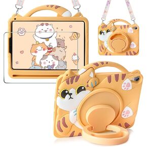 for iPad Mini 6 Case for Kids Girls 8.3 Inch 2021 with Screen Protector Rotating Stand Lanyard Pencil Holder Soft Silicon Cute Cat Case Protective Tablet Cover for iPad Mini 6th Generation Yellow