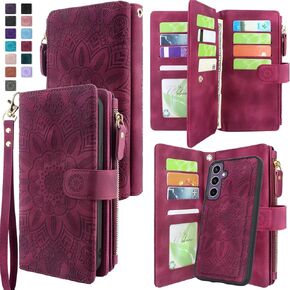 Harryshell Detachable Case Wallet Compatible with Samsung Galaxy S23 FE 5G Leather Case Cover with Cash Coin Zipper Pocket 12 Card Slots Holder Wrist Strap Lanyard (Flower Teal)