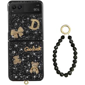 for Motorola Razr 2023 Case with Chain, Moto Razr 2023 Flip Case Cute Bling Sparkle Glitter Shiny Girly Women Slim Black Protective Case for Razr 2023