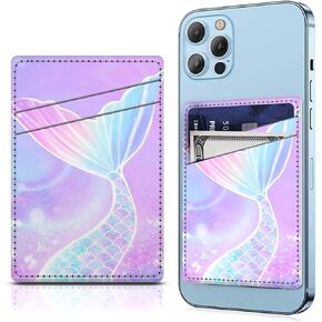 Phone Card Holder Leather, Dual Pocket Phone Wallet Adhesive Stick On, Cute Credit Card Pocket for Phone Case Compatible with Most Phone Cute Blue Floral