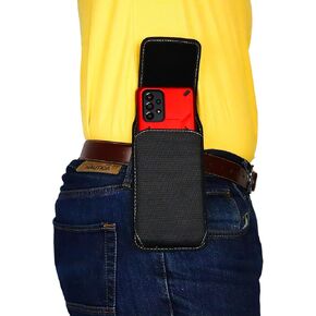 Nylon Cell Phone Holster Pouch for Samsung Galaxy A35,A25, A15, A21, A11 Rugged W/Fixed Belt Loop Clip Holder, Magnetic Closure, Fits with Slim-Fit Case On Smartphone (Black-Vertical)