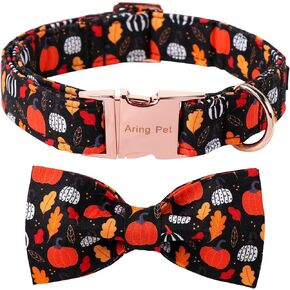 ARING PET Halloween Dog Collar-Cotton Black Pumpkin Dog Collar with Flower, Adjustable Fall Leaves Dog Collars Pet Necklace with Metal Buckle for Girl&Boy Dogs