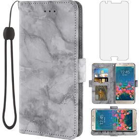 Asuwish Compatible with Samsung Galaxy J5 Prime 2016 Case and Tempered Glass Screen Protector Cell Accessories Card Holder Slot Kickstand Marble Wallet Phone Covers for Gaxaly J5Prime SM-G570M Black