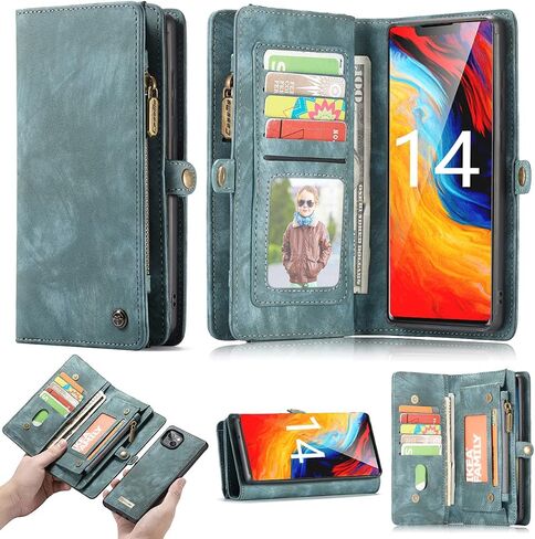 iPhone 16 Pro Max Leather Detachable Wallet Zipper Case with 11 Card Slots Holder Magnetic Case for iPhone 16 Pro Max Flip Wallet Handle Wrist Strap Man Woman Pocket Handbag (Blue) in Kuwait