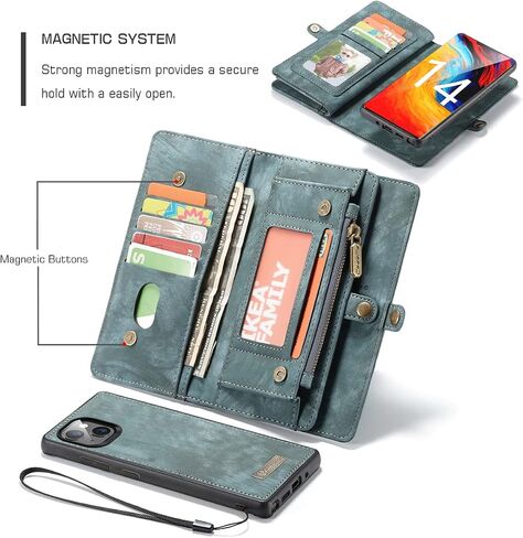 iPhone 16 Pro Max Leather Detachable Wallet Zipper Case with 11 Card Slots Holder Magnetic Case for iPhone 16 Pro Max Flip Wallet Handle Wrist Strap Man Woman Pocket Handbag (Blue) in Kuwait