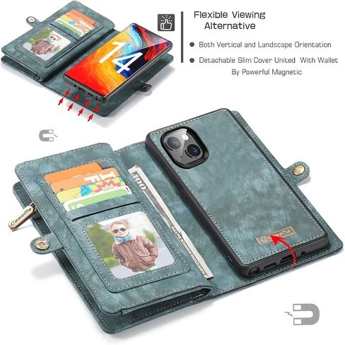 iPhone 16 Pro Max Leather Detachable Wallet Zipper Case with 11 Card Slots Holder Magnetic Case for iPhone 16 Pro Max Flip Wallet Handle Wrist Strap Man Woman Pocket Handbag (Blue) in Kuwait
