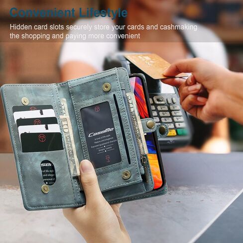 iPhone 16 Pro Max Leather Detachable Wallet Zipper Case with 11 Card Slots Holder Magnetic Case for iPhone 16 Pro Max Flip Wallet Handle Wrist Strap Man Woman Pocket Handbag (Blue) in Kuwait