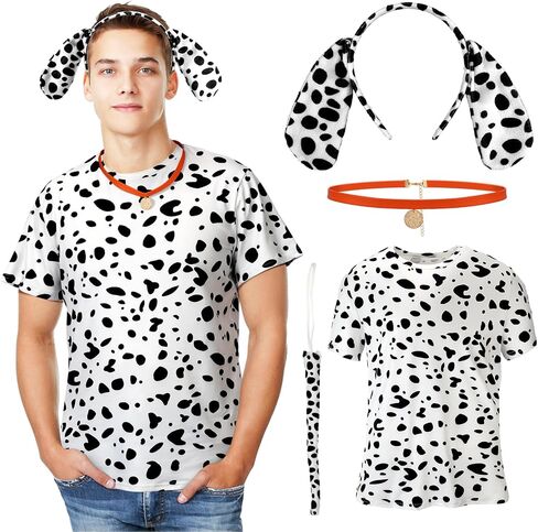 Toulite 4 Pcs Dog Dalmatian Costume for Adult Include Shirt Leather Collar Dog Ears Headband Tail Halloween Cosplay Party in Saudi Arabia