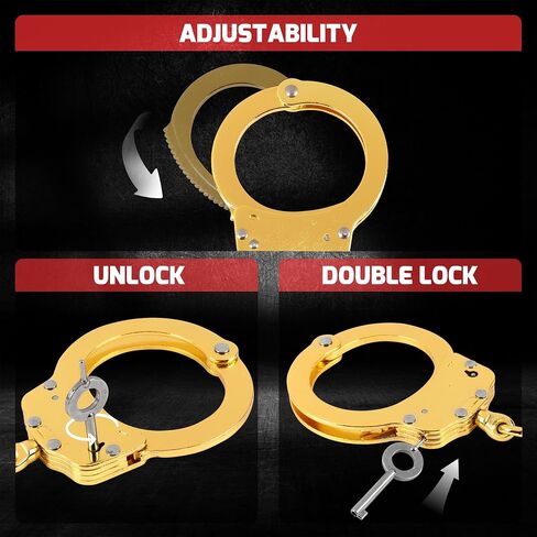 Double Lock Handcuffs, Adjustable Heavy Duty Steel Wrist Cuffs with 2 Keys & Handcuffs Holster in Police Edition Professional Grade - Gold Plating in Saudi Arabia