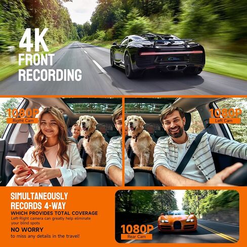 HUPEJOS 360° Dash Cam, 4 Channel Camera 2K Front +1080P*3 Left Right Rear, 5GHz WiFi GPS 4K Dash Camera for Cars, Voice Control, Front 4K+1080P*2,128GB Card, CPL Filter,24Hrs Parking Mode(V8 Plus) in Kuwait