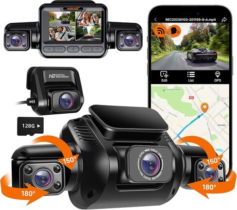 HUPEJOS 360° Dash Cam, 4 Channel Camera 2K Front +1080P*3 Left Right Rear, 5GHz WiFi GPS 4K Dash Camera for Cars, Voice Control, Front 4K+1080P*2,128GB Card, CPL Filter,24Hrs Parking Mode(V8 Plus) in Kuwait