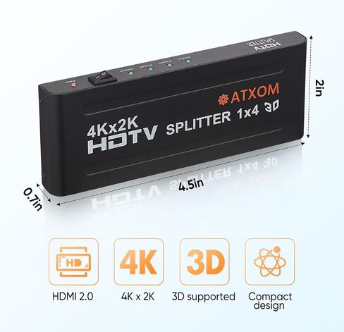 موزع HDMI ATXOM 1 في 2 مخرج - 1 × 2 شاشة HDMI مكررة/مرآة - مقسم يعمل بالطاقة 4K عند 60 هرتز، وأيضًا دقة عالية كاملة 1080 بكسل، مصدر واحد لشاشتين متطابقتين in Kuwait