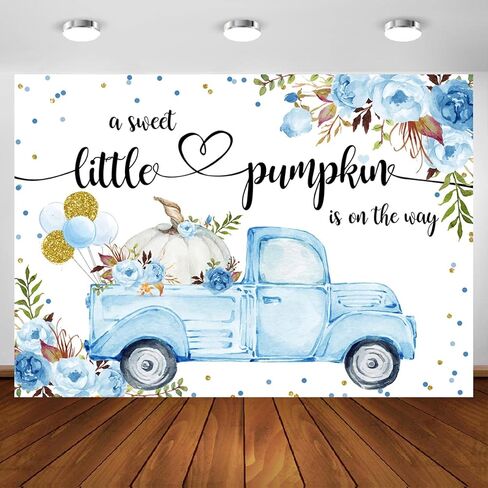 Aperturee Little Pumpkin Baby Shower Backdrop 7x5ft A Little Sweet Pumpkin is On The Way Blue Floral Truck Balloons It's a Boy Photography Background Fall Autumn Party Decorations Banner Photo Booth in Kuwait