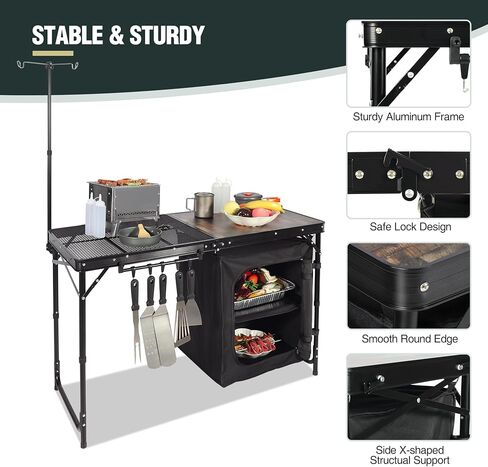 طاولة مطبخ قابلة للطي للتخييم طويلة جدًا من ريدكامب مع منظم تخزين، طاولة شواء قابلة للطي للتخييم ومحطة الطبخ محمولة للحفلات، الفناء، النزهة، أسود in Kuwait