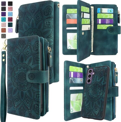 Harryshell Detachable Case Wallet Compatible with Samsung Galaxy S23 FE 5G Leather Case Cover with Cash Coin Zipper Pocket 12 Card Slots Holder Wrist Strap Lanyard (Flower Teal) in Saudi Arabia